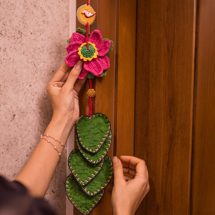 24 Inch | Set Of 2 Handmade Crochet Pink Floral & Leaf With Wooden Bird Festive Door Side Hangings