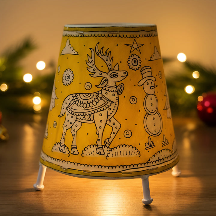 Yellow Christmas Motifs Hand Painted Tholu Bommalata Tabletop Lamp | 6 inches