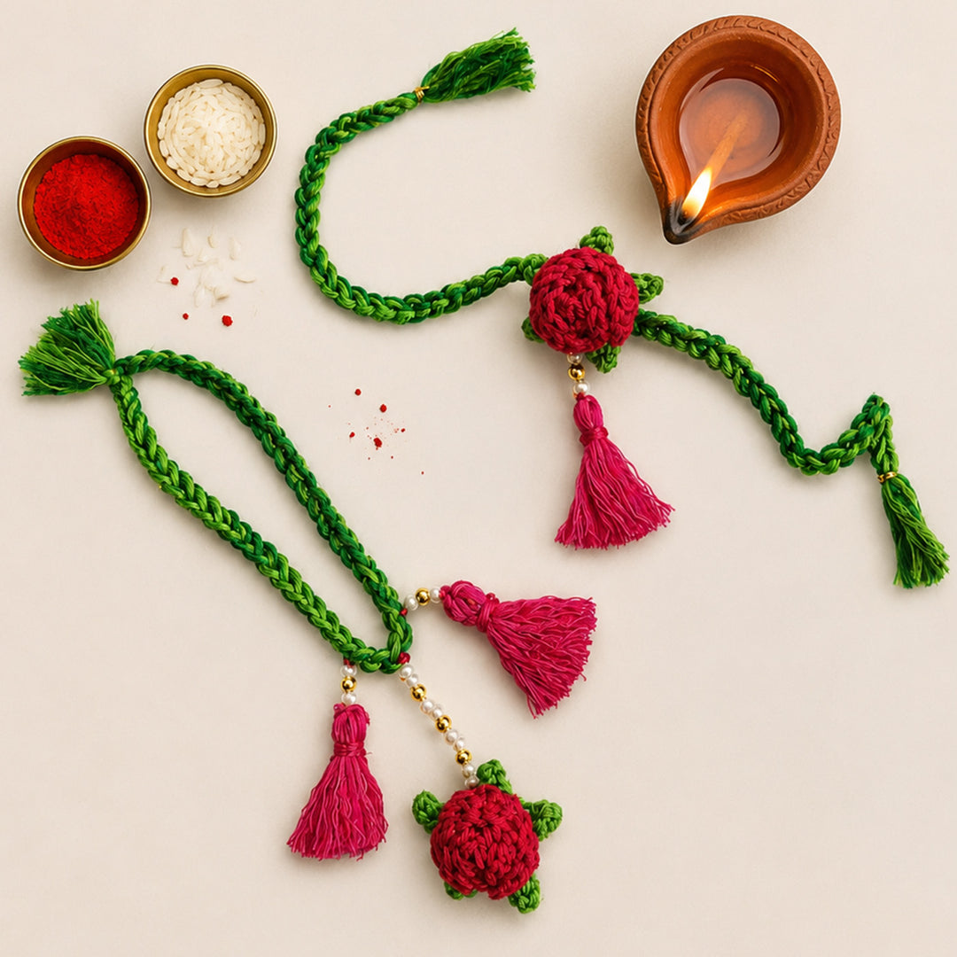 Handmade Crochet Rose Couple Rakhi Lumba Set With Roli Chawal for Bhaiya Bhabhi | Set Of 2