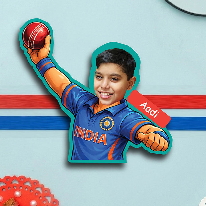 Photo Personalized Bowler Caricature MDF Wood Kids Rakhi With Roli Chawal