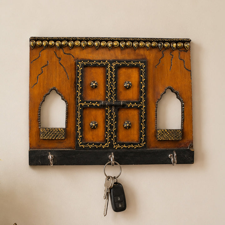 Antique Jharokha Large Handmade Paper Mache Clay Key Holder With 3 Hooks