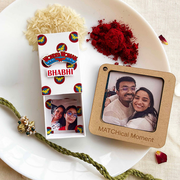 Personalized Photo "Wonder Woman" Theme Lumba Rakhi Gift for Bhabhi | Rakhi, Matchbox Card & Photo Magnet Combo