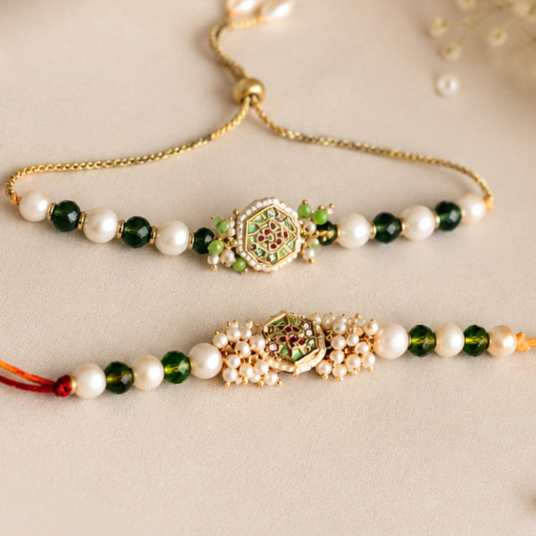 Hand-Knotted Beaded Green Rakhi & Lumba Set For Bhaiya Bhabhi | Set of 2