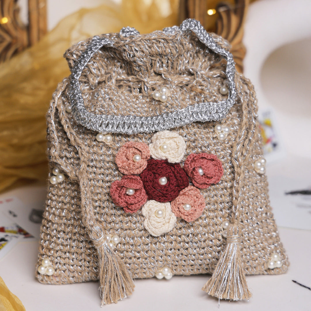 Handmade Crochet Pearl Blossom Potli