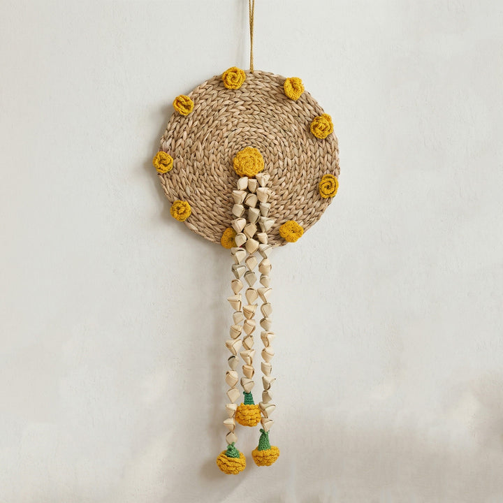 "Genda" Handcrafted Chamba Wall Hanging With Crochet Marigolds For Festive Decor