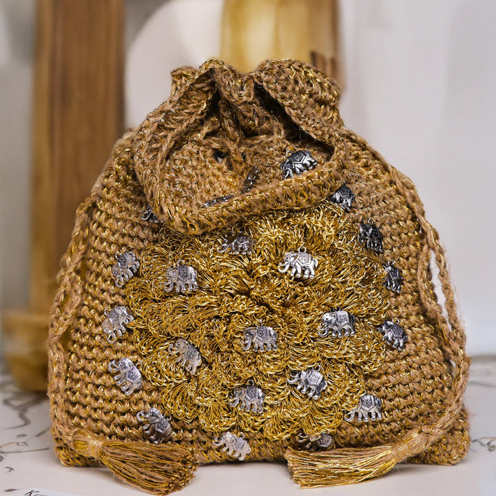 Handmade Crochet Golden Elephant Motif Potli