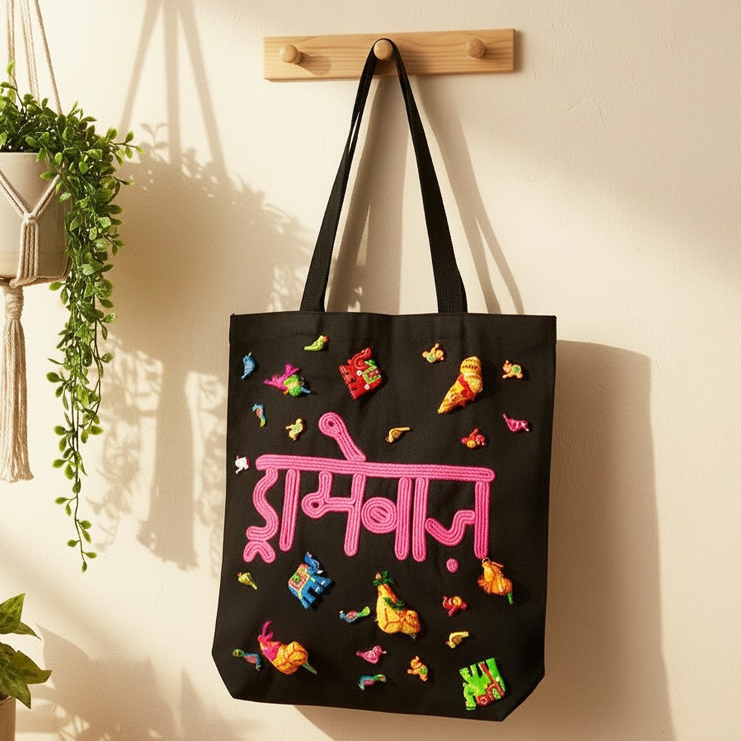Hand-Embroidered Dori Work Dramebaaz Tote Bag