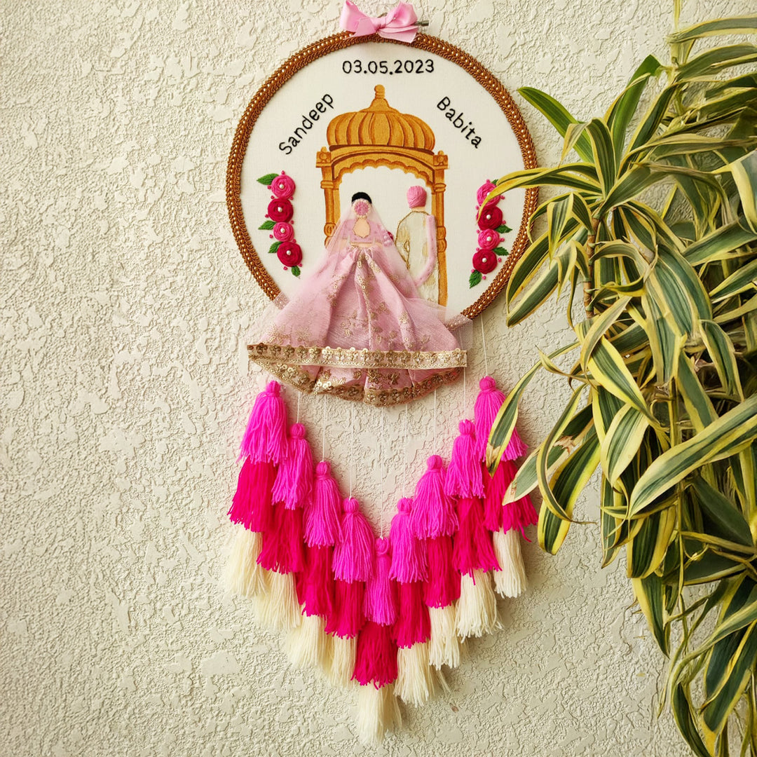 Personalized Embroidered Floral Pink Wedding Plaque With Tassels