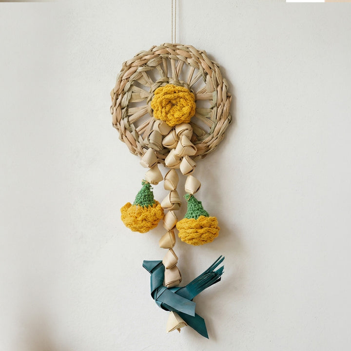 Set of 2 | "Vihang" Handcrafted Chamba Bird Wall Hanging with Crochet Marigolds For Festive Decor