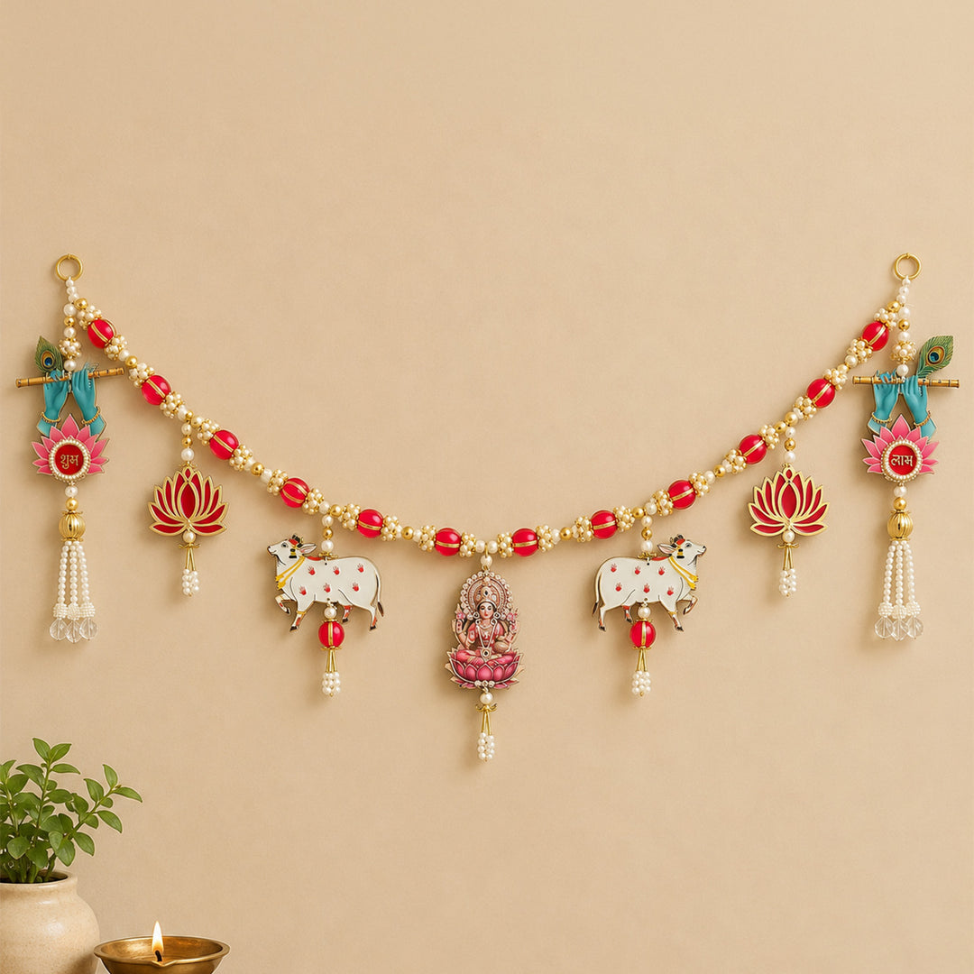 Handmade Pichwai Cow, Ganesha & Lakshmi Toran With Shubh Labh Side Hangings For Diwali Decor