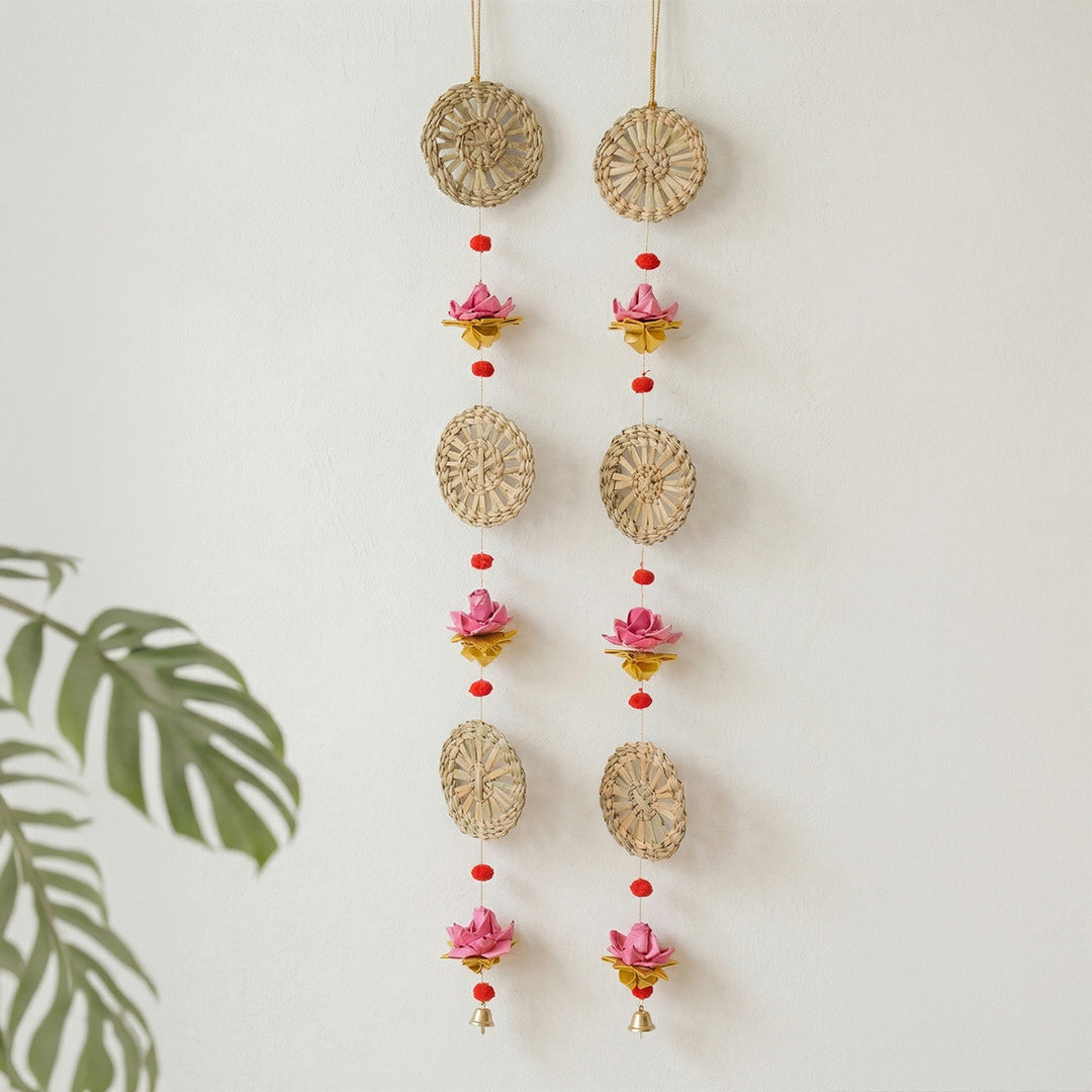 Set of 2 | "Pankhuri" Handcrafted Chamba Lotus Wall Hanging With Wooden Beads For Festive Decor