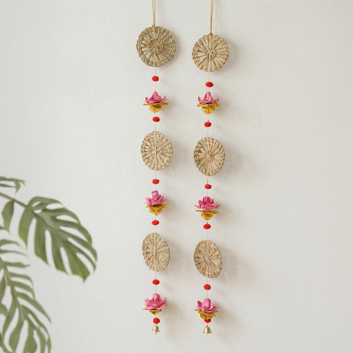 Set of 2 | "Pankhuri" Handcrafted Chamba Lotus Wall Hanging With Wooden Beads For Festive Decor