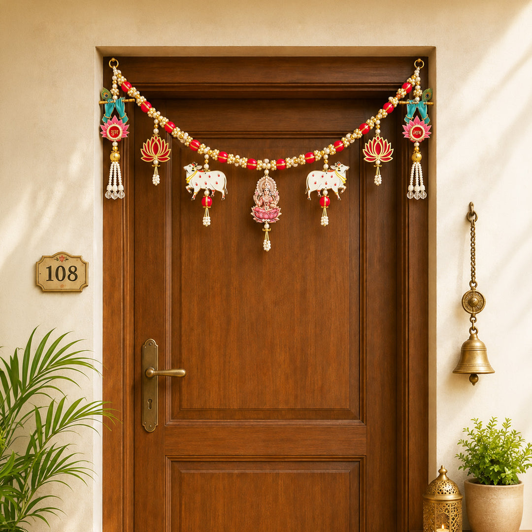 Handmade Pichwai Cow, Ganesha & Lakshmi Toran With Shubh Labh Side Hangings For Diwali Decor