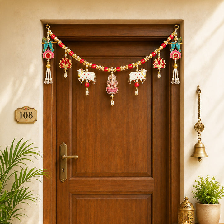 Handmade Pichwai Cow, Ganesha & Lakshmi Toran With Shubh Labh Side Hangings For Diwali Decor