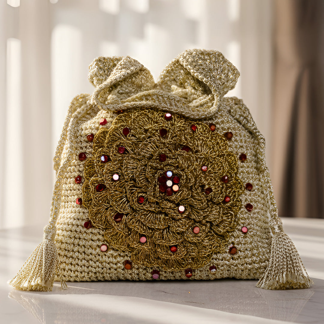 Handmade Crochet Golden Floral Embellished Potli