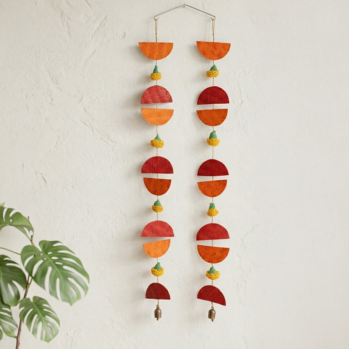 Set of 2 | "Aarunya" Handcrafted Bamboo Sunrise Wall Hanging With Metal Bells For Festive Decor