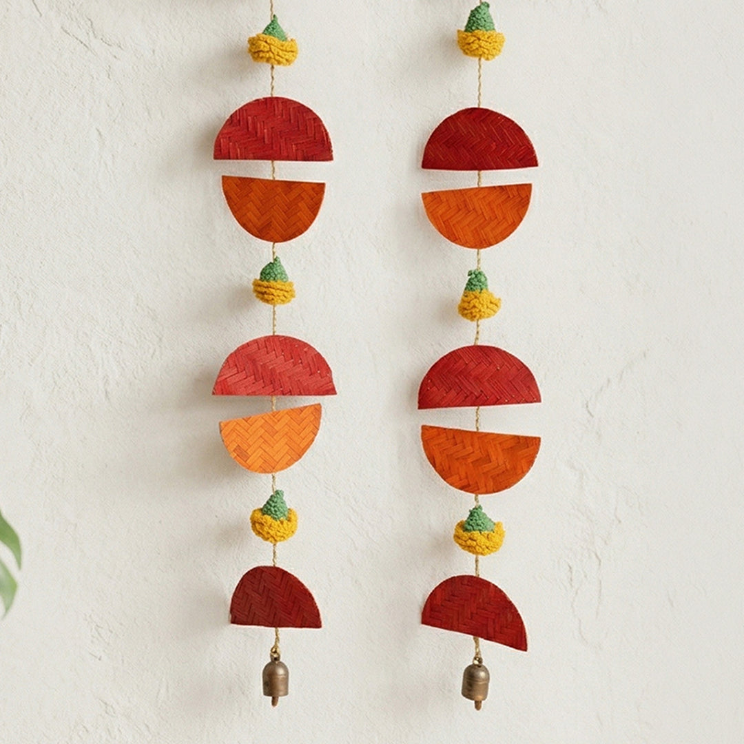 Set of 2 | "Aarunya" Handcrafted Bamboo Sunrise Wall Hanging With Metal Bells For Festive Decor