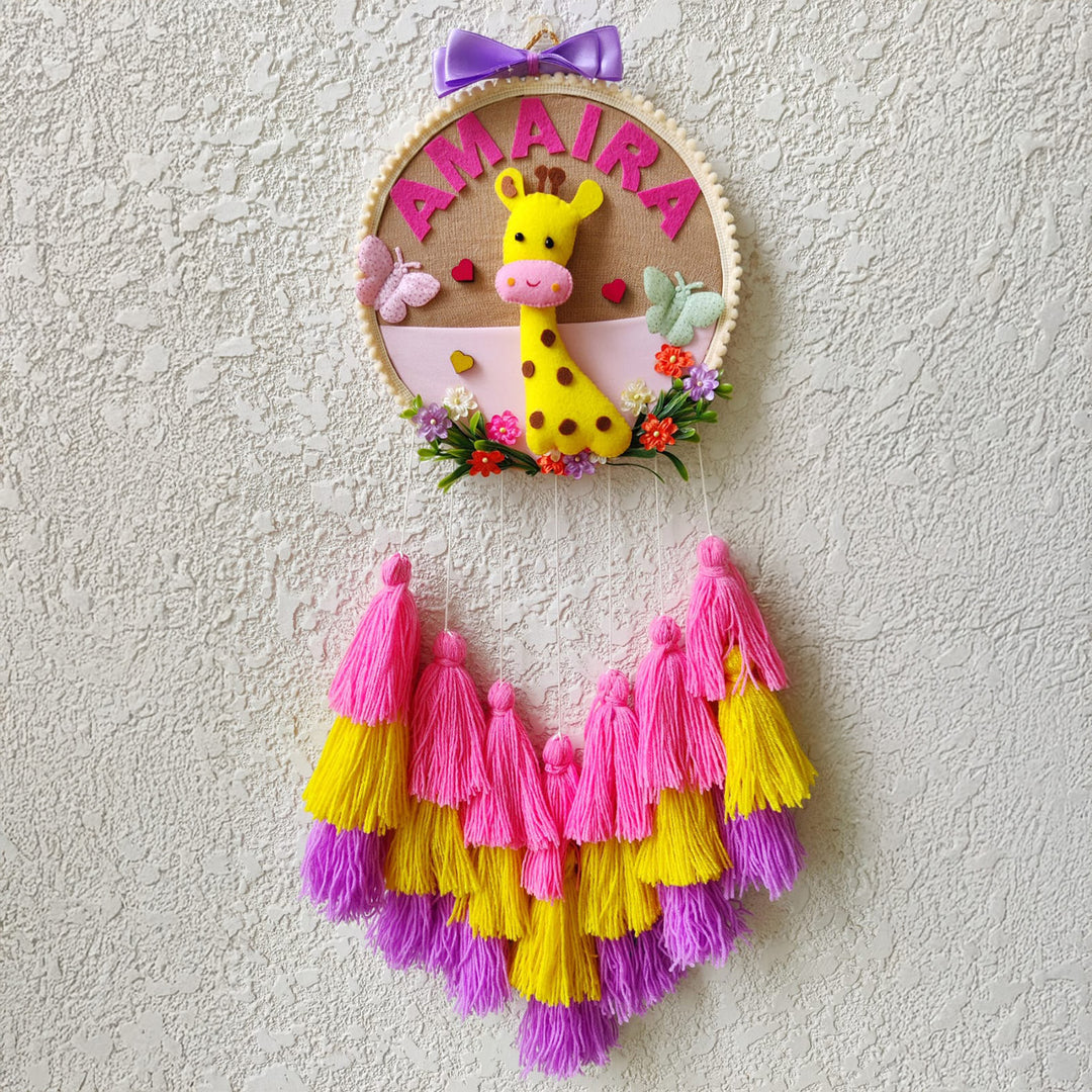 Personalized Giraffe Theme Kids Name Plate With Tassels