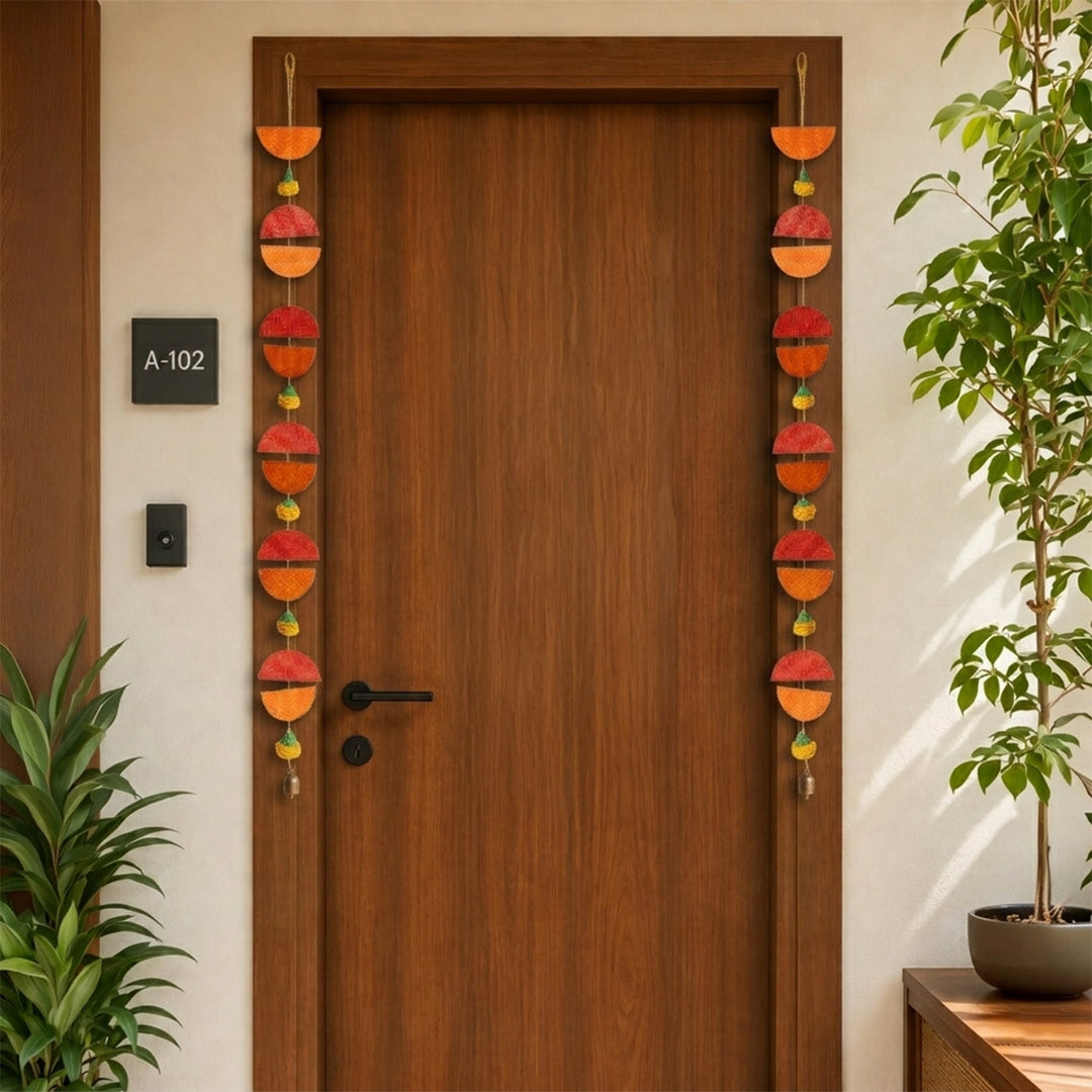 Set of 2 | "Aarunya" Handcrafted Bamboo Sunrise Wall Hanging With Metal Bells For Festive Decor