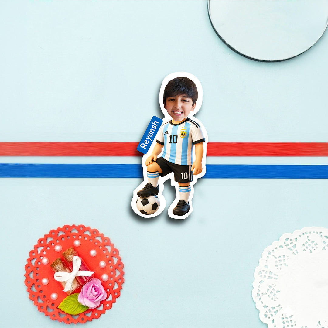 Photo Personalized Handmade Reusable Caricature Football Mdf Wood Kids Rakhi With Roli Chawal