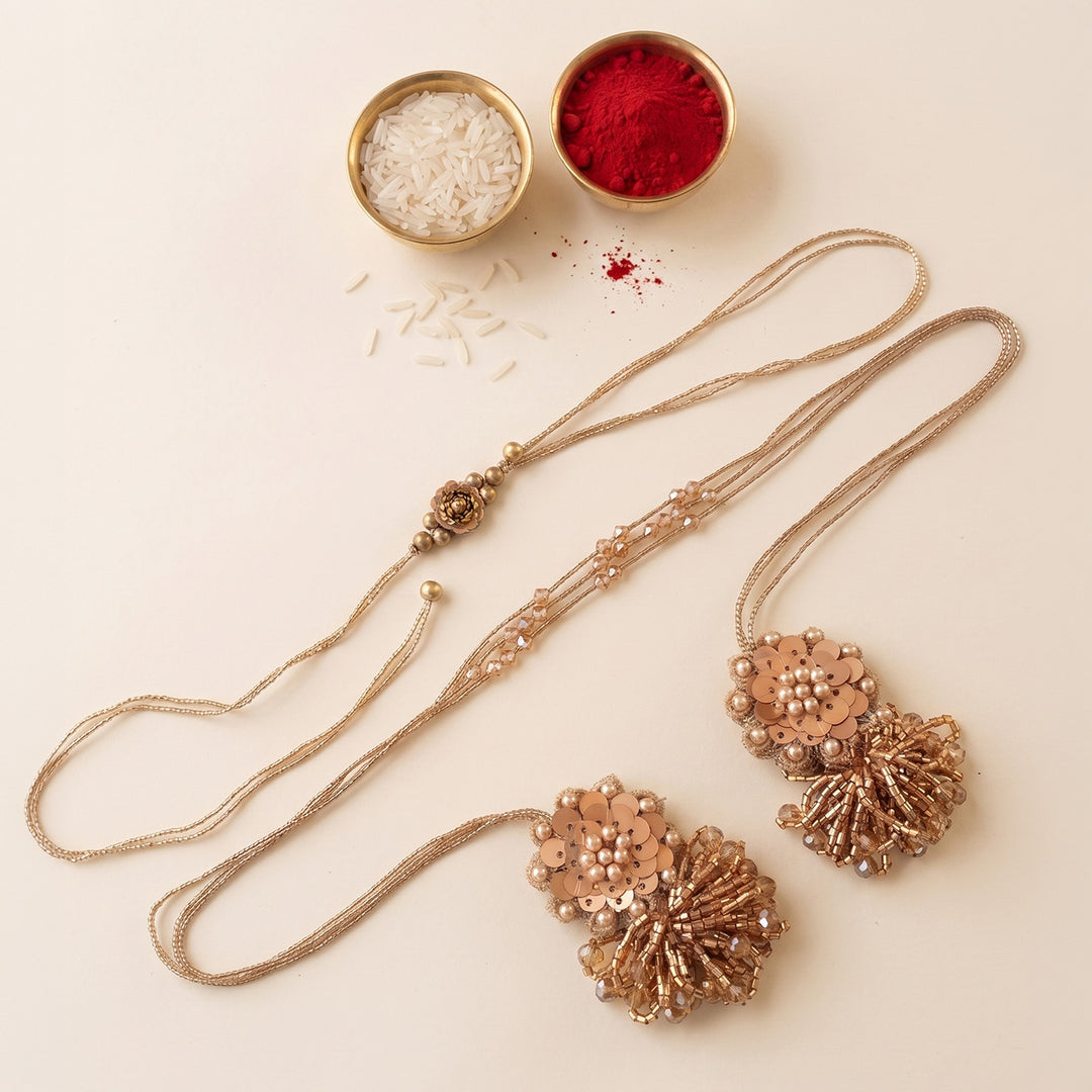 Handmade Moti Phool Couple Rakhi Lumba Set With Roli Chawal For Bhaiya Bhabhi