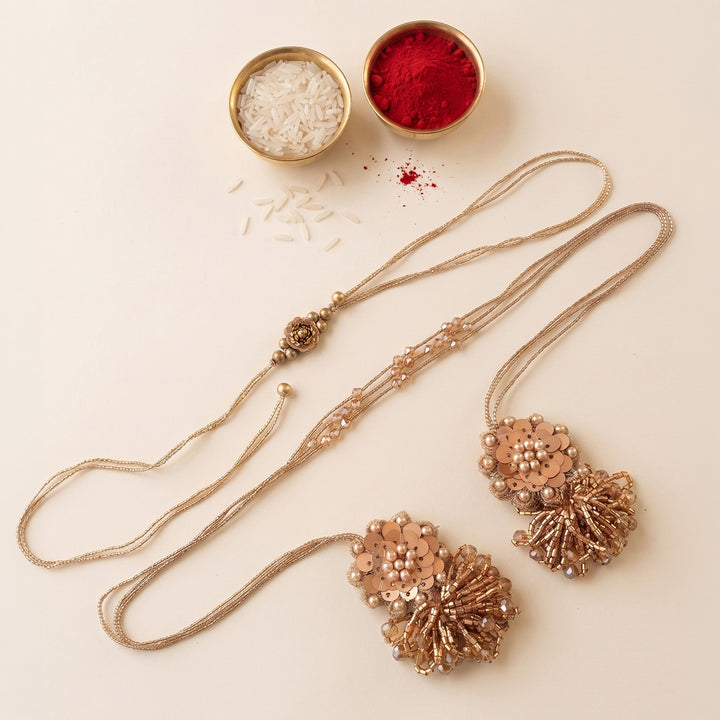 Handmade Moti Phool Couple Rakhi Lumba Set With Roli Chawal For Bhaiya Bhabhi