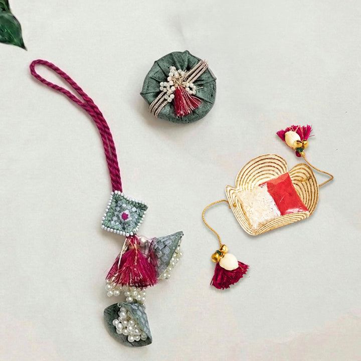 Handcrafted Pearl, Tassel & Thread Work Cheed Light Lumba Rakhi for Bhabhi - Mint Green