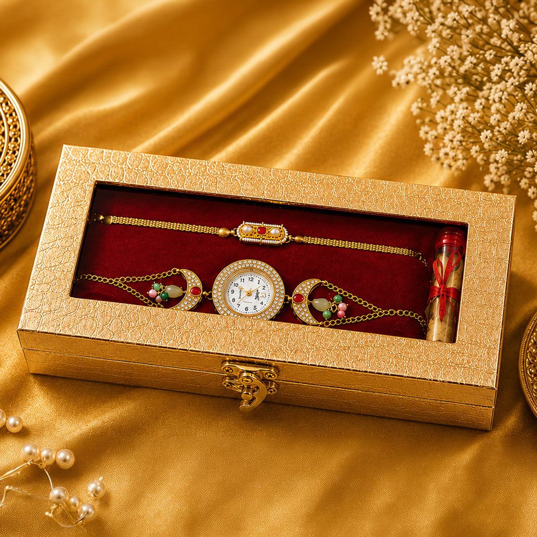 Handmade Kundan & Pearl Golden Heirloom Rakhi & Bhabhi Watch Combo For Bhaiya Bhabhi | Set of 2