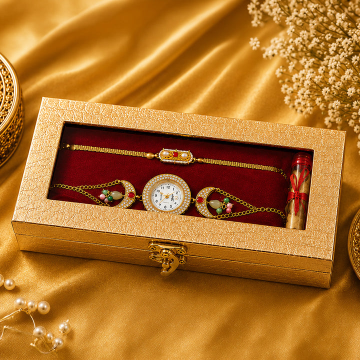 Handmade Kundan & Pearl Golden Heirloom Rakhi & Bhabhi Watch Combo For Bhaiya Bhabhi | Set of 2