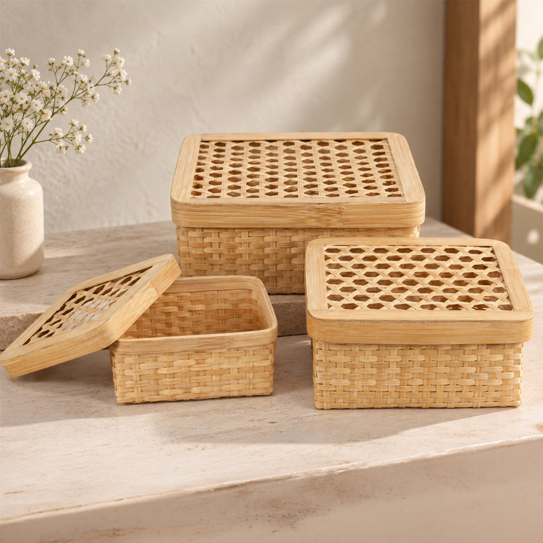 Set Of 3 "Mira" Handcrafted Hexagonal Weave Bamboo Square Gift Box For Storage And Gifting
