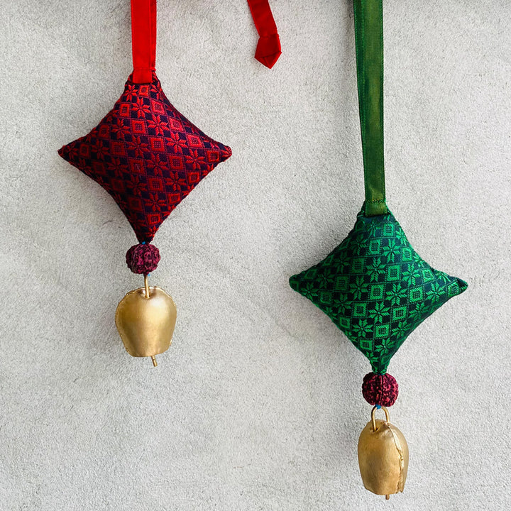 Handmade Red & Green Kite Shaped Rudraksh Khunn Fabric Cotton Hangings | Set Of 2