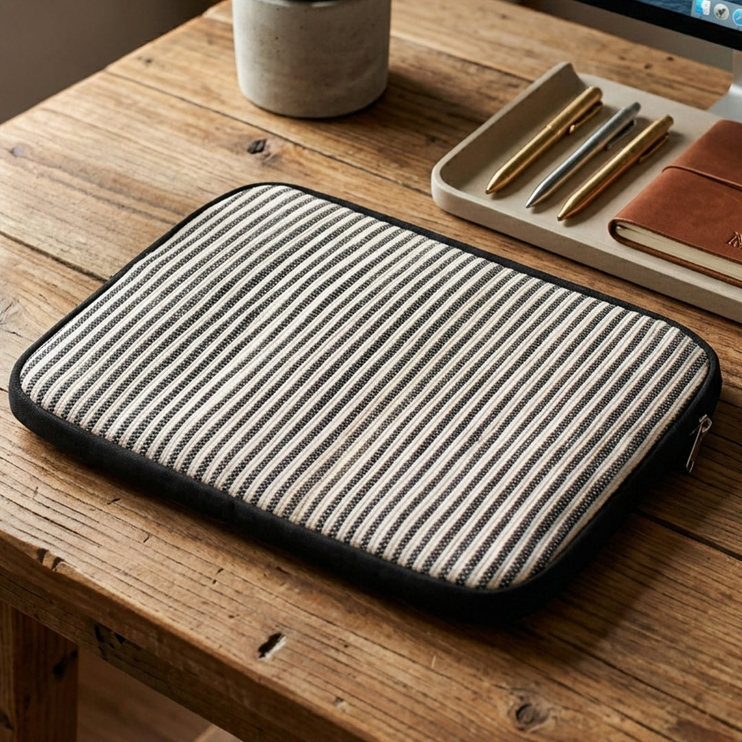Handcrafted Black and White Striped Upcycled Plastic 14" Laptop Sleeve