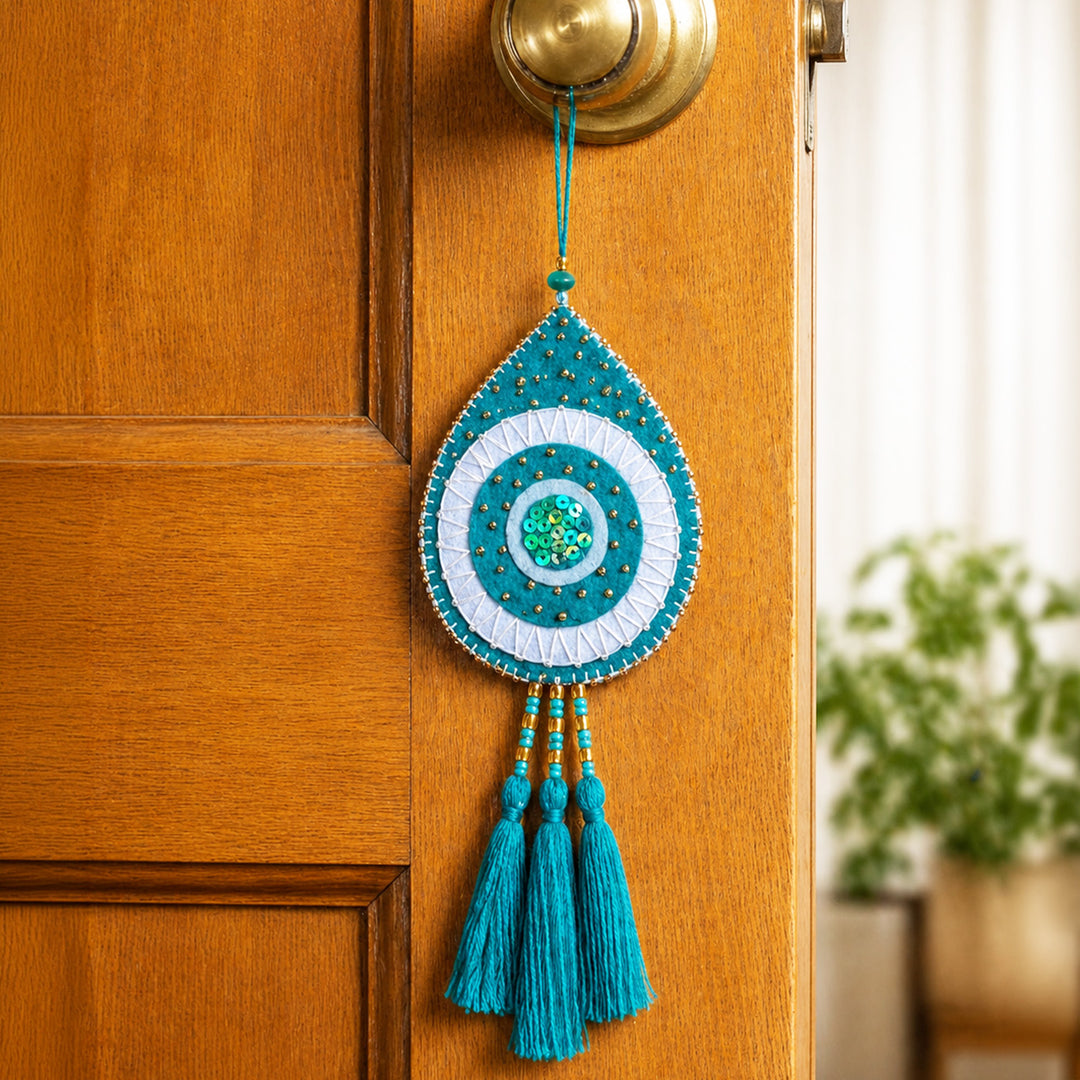 Hand-Embroidered Sea Green Evil Eye Hanging