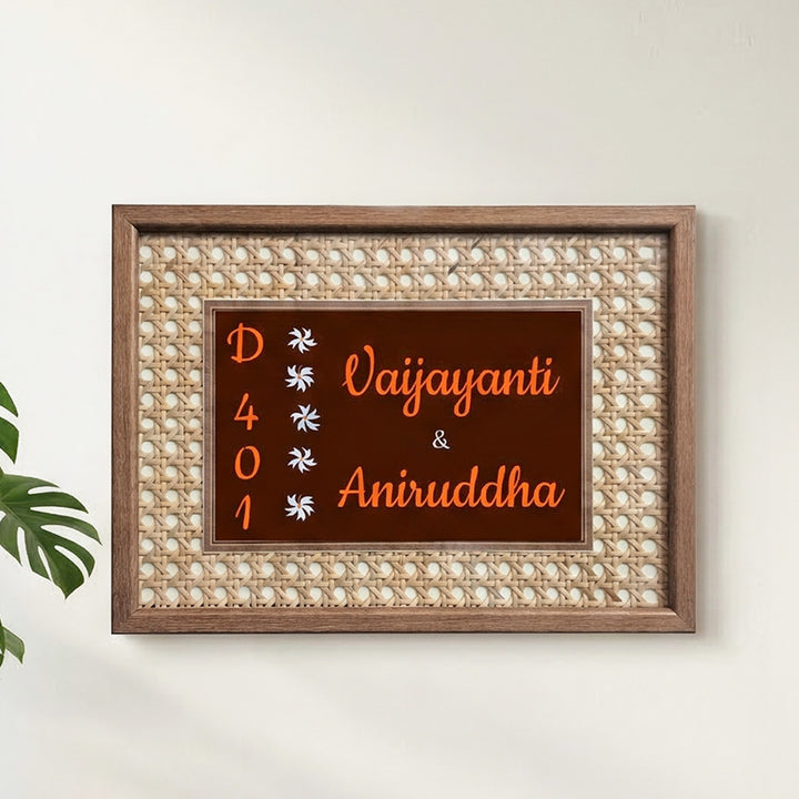 Handmade Jasmine Floral Motif Rattan Name Plate With Wooden Frame
