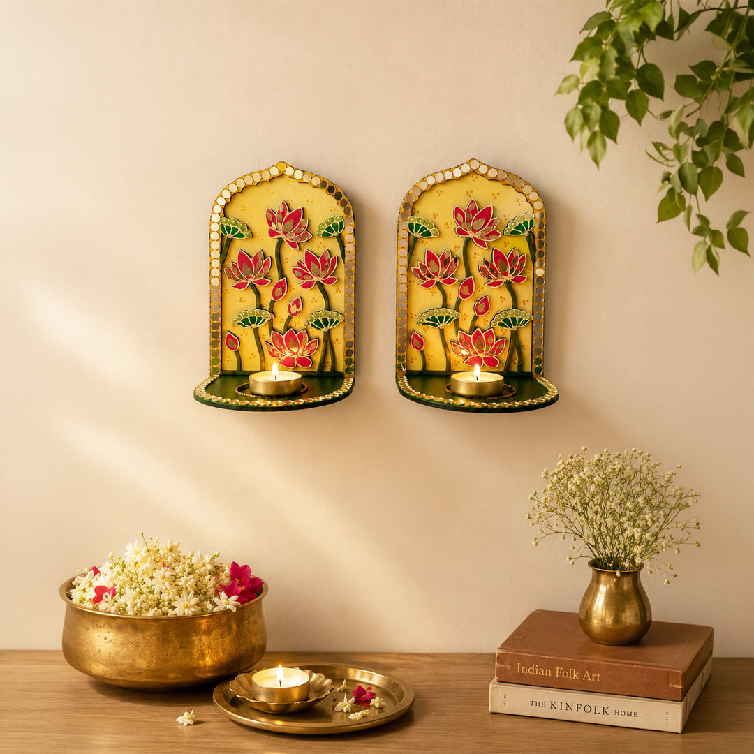 Set of 2 | Lotus MDF Jharokha Wall Hanging Tealight Holders For Festive Decor