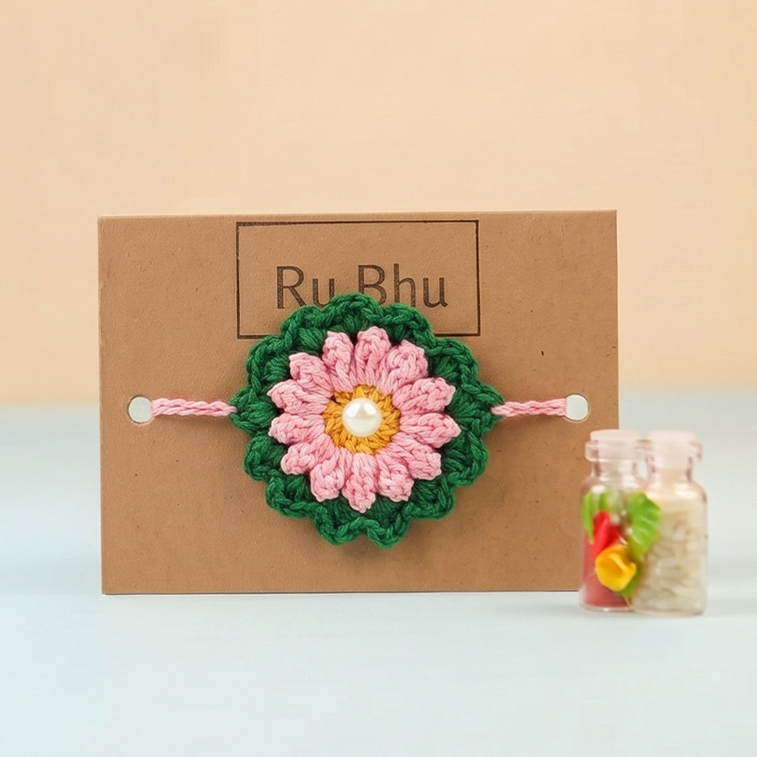 Handmade Crochet Blossom Pearl Floral Rakhi With Roli Chawal For Bhaiya