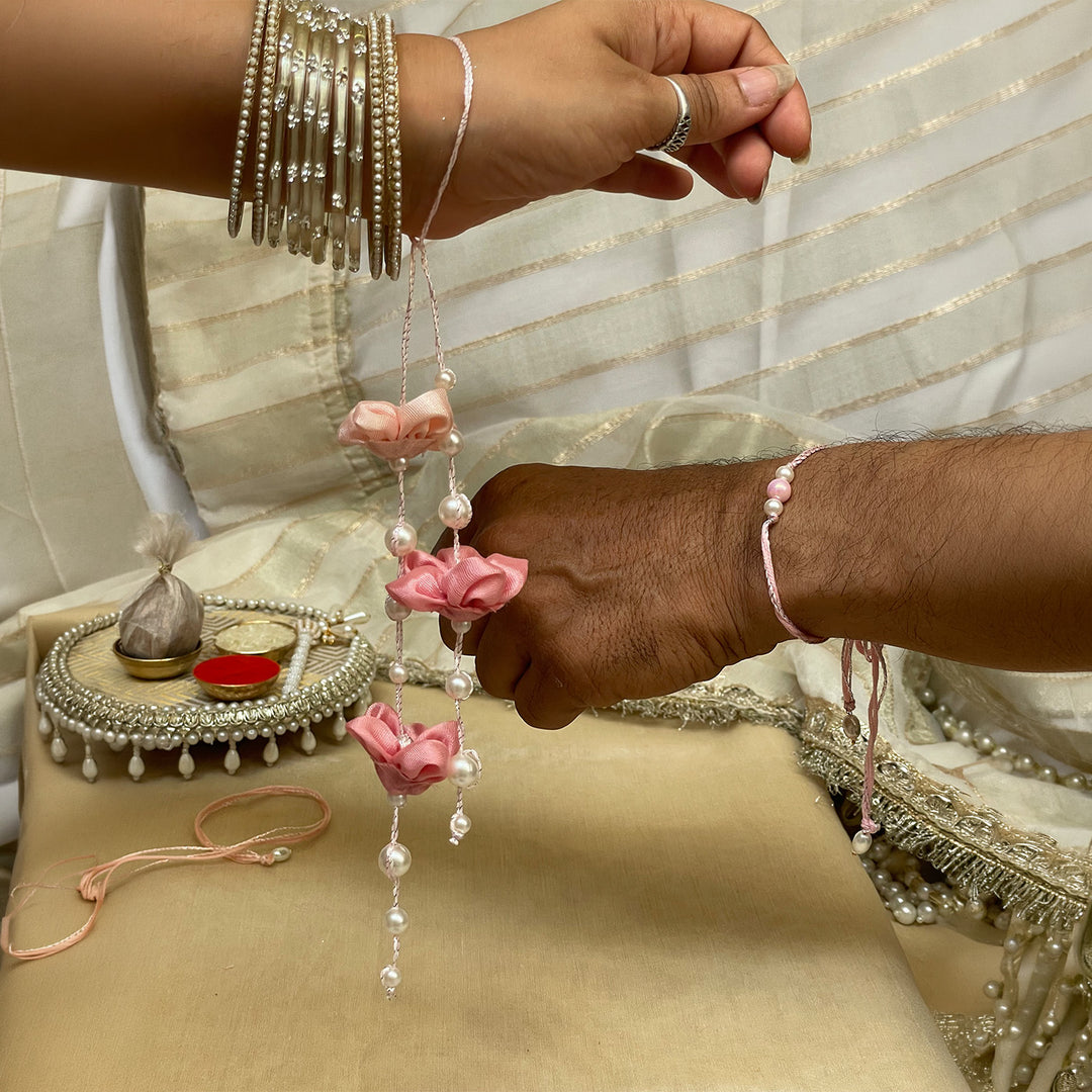 Handmade Madhu Mohini Flower Pearl Couple Rakhi Lumba Set With Roli Chawal For Bhaiya Bhabhi