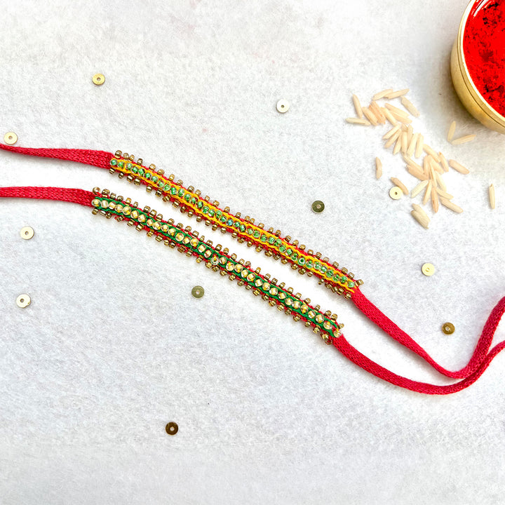 2 Pc | Hand Embroidered Beaded Chain Rakhis With Roli Chawal For Brother