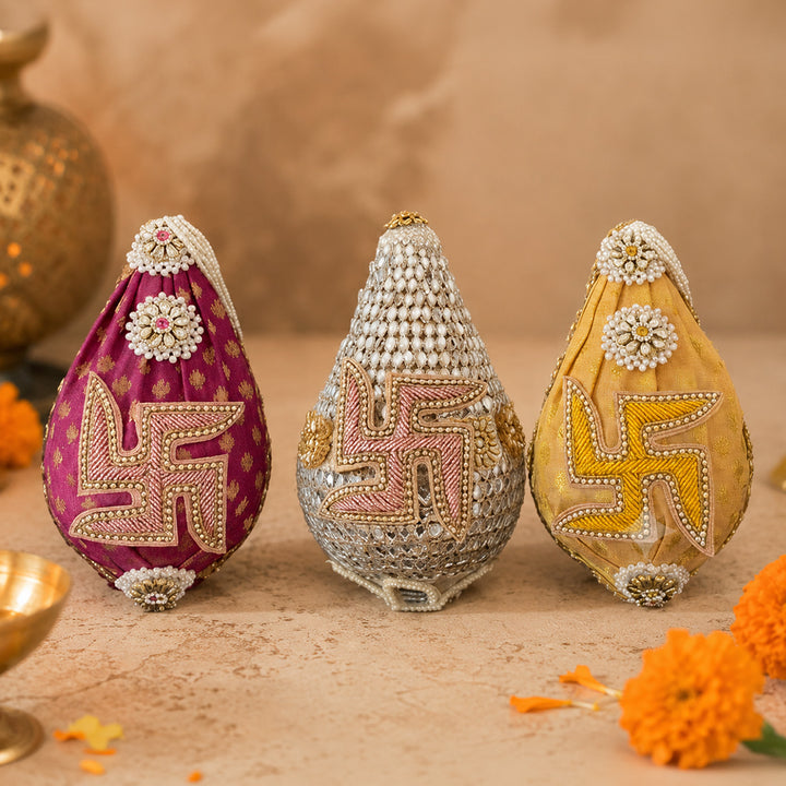 Brocade Swastik Decorated Nariyal Shrifal/Coconut With Kundan Detailing For Festive Gifting