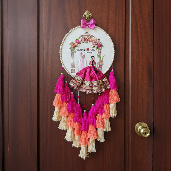 Personalized Embroidered Pink Wedding Plaque With Tassels