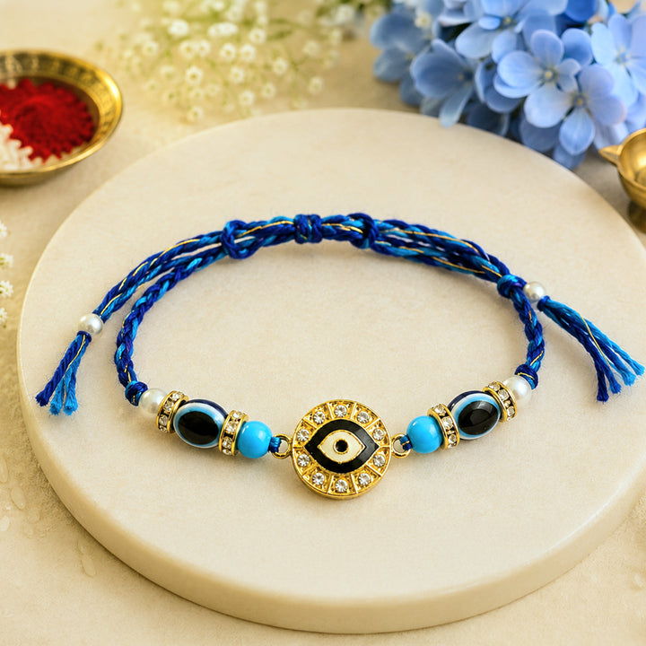 Handmade Beaded Divine Evil Eye Rakhi Gift Hamper With Roli Chawal For Brother