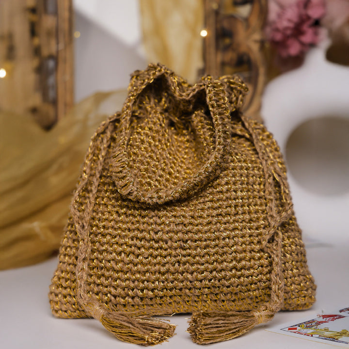 Handmade Crochet Golden Elephant Motif Potli