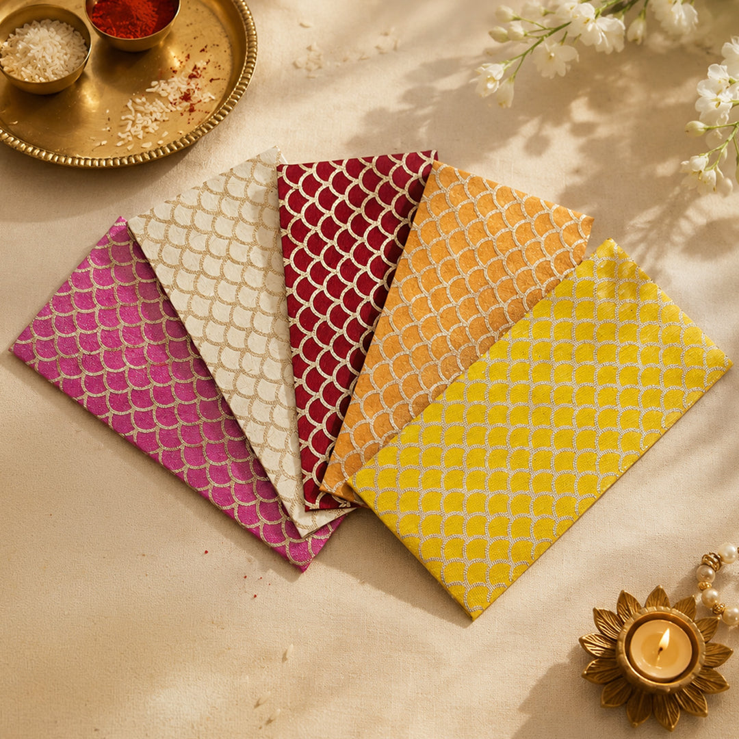 Set Of 5 "Fish Scale Outline" Screen Printed Handmade Paper Gift Envelopes With Flap Closure For Festive Gifting