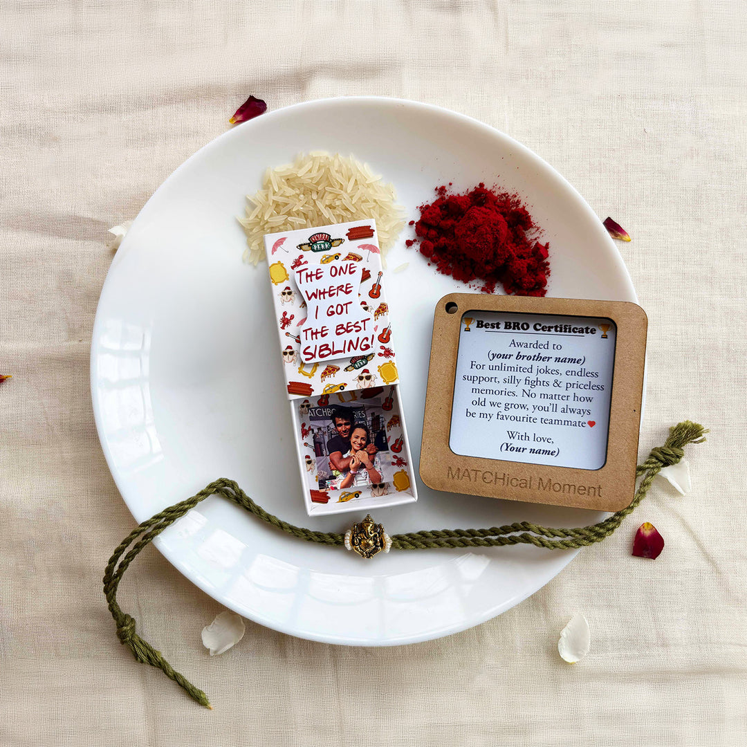 Personalized Photo "Friends" Theme Rakhi Gift for Brother | Rakhi, Matchbox Card & Photo Magnet Combo
