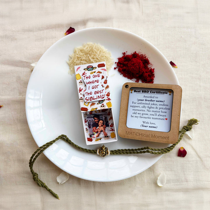 Personalized Photo "Friends" Theme Rakhi Gift for Brother | Rakhi, Matchbox Card & Photo Magnet Combo