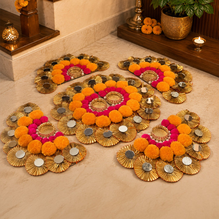 Set of 6 | Reusable Semi Circle MDF Wood Rangoli Mat With Pom Pom And Mirror Detailing For Staircase And Corner Festive Decor