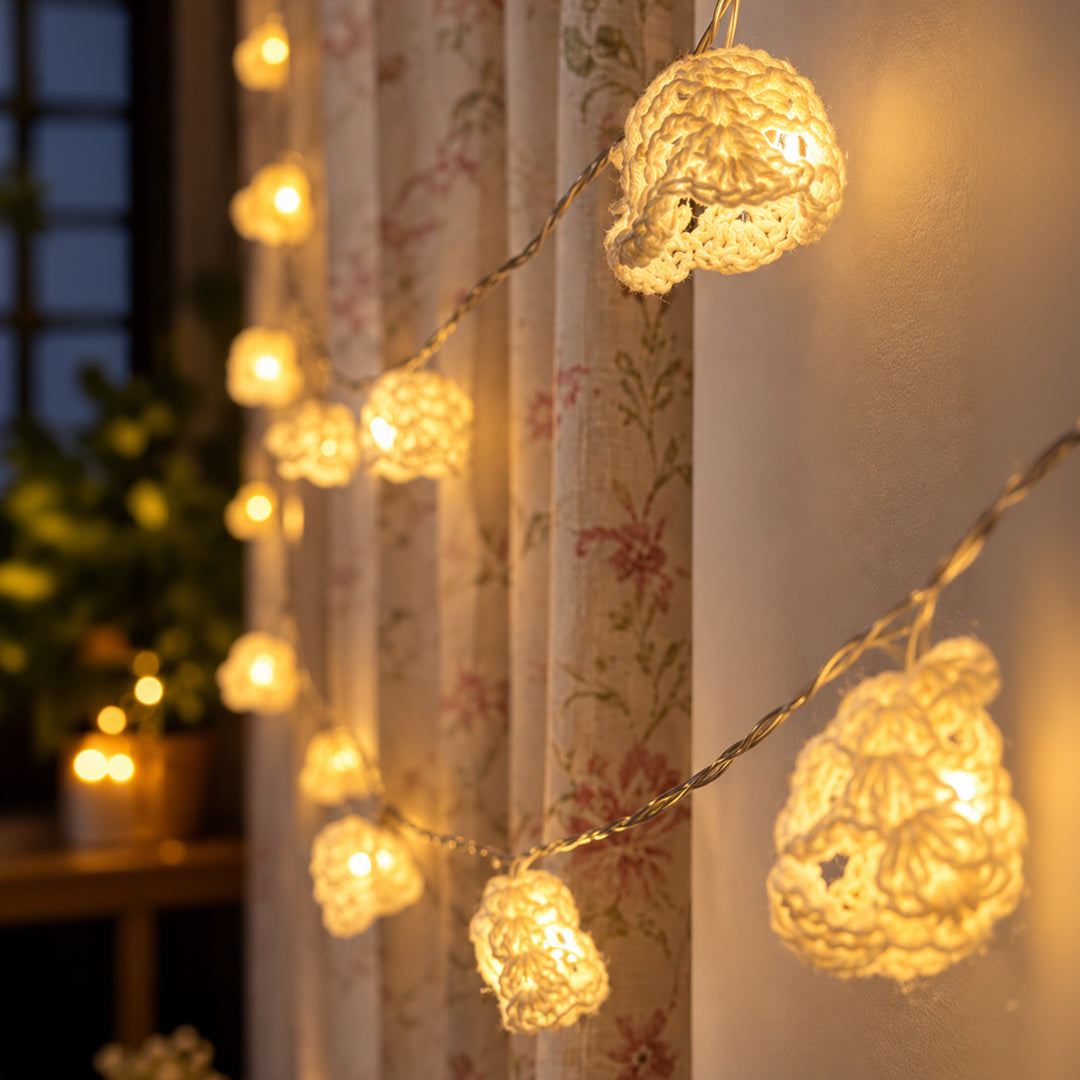 Handmade Crochet Bell Wool LED Fairy Light For Festive Decor