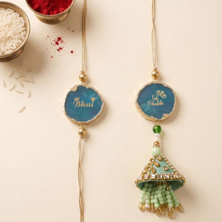 Handmade "Bhai Bhabhi" Green Premium Agate Couple Rakhi And Lumba Set With Roli Chawal, Nariyal And Gift Box | Set of 2