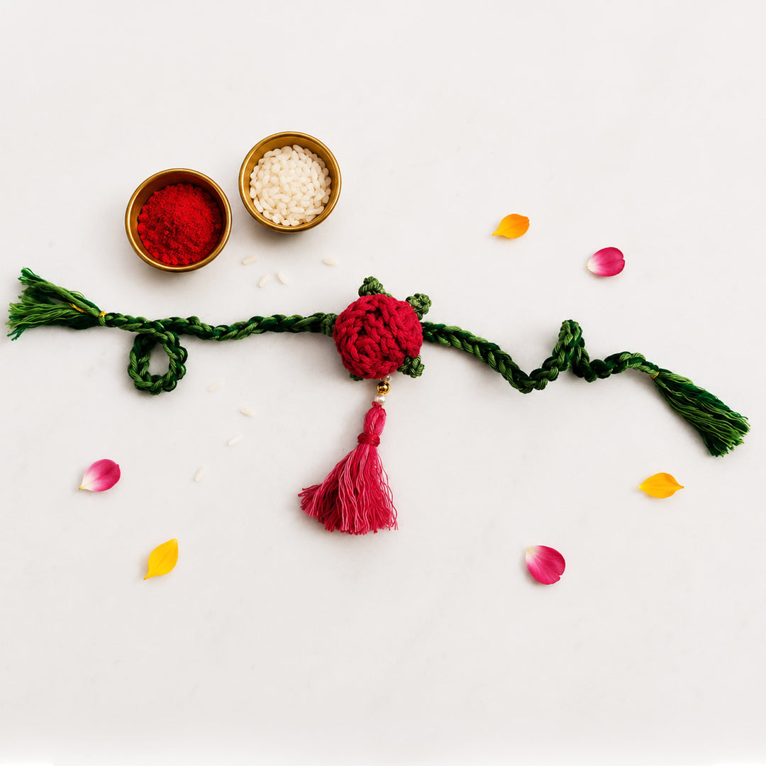 Handmade Crochet Rose Rakhi With Roli Chawal for Bhaiya