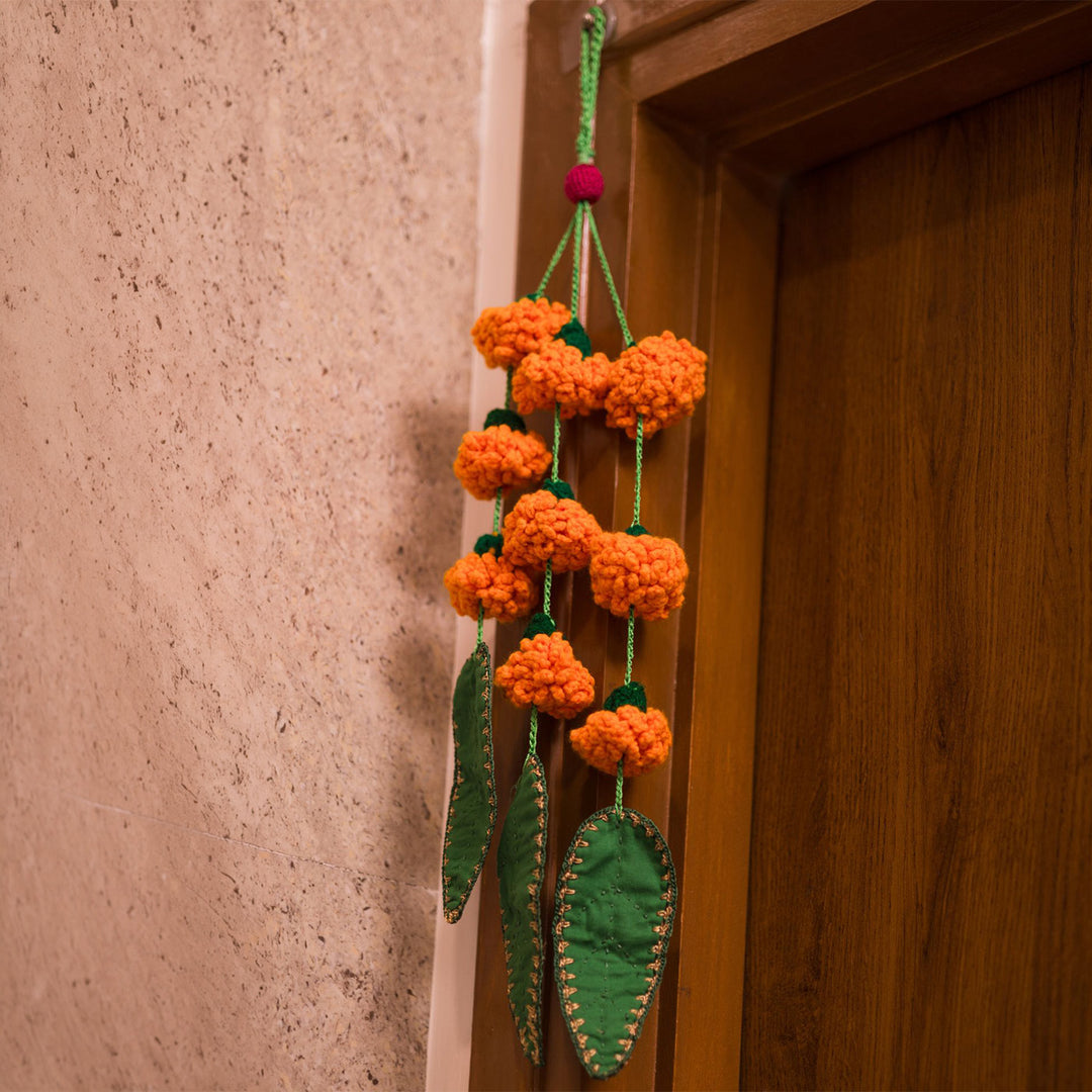 24 Inch | Set Of 2 Handmade Crochet Orange Bloom & Green Leaf Festive Door Side Hangings